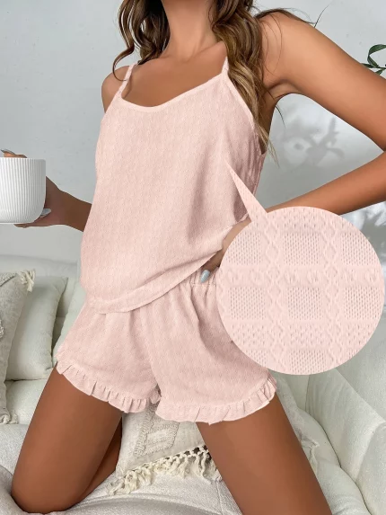 Women'S Spring/Summer Plaid Jacquard Breathable Solid Color Pajama Set, V-Neck Top with Ruffle Shorts
