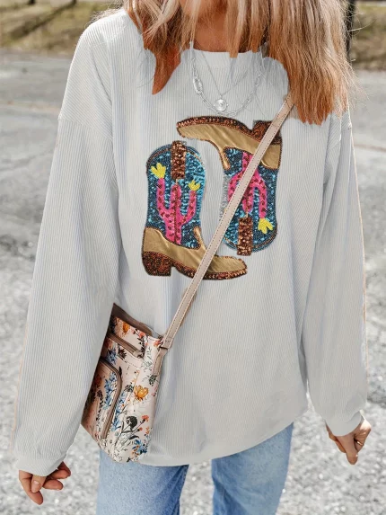 1pc Y2K Style Women'S Long Sleeve Crew Neck Sweatshirt with Geometric