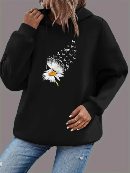 Women'S Casual Floral Print Hoodie, Polyester Knitted Fabric