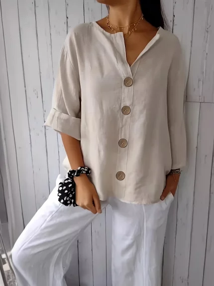 Women's V-Neck Linen Shirt Top 3/4 Roll-Up Sleeve Summer Casual Loose Solid Blouses Tunic Tops With Button - Breathable Linen Fabric