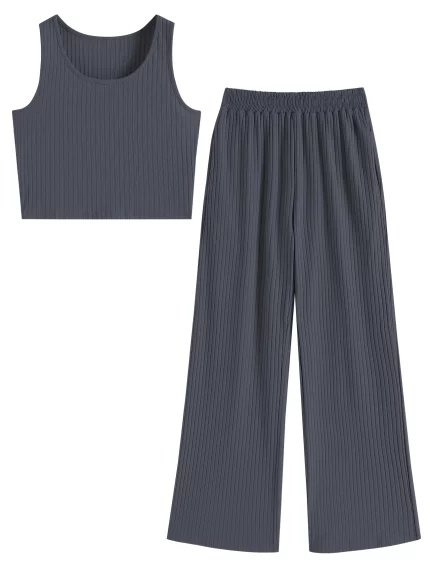 Women Two Piece Pajamas Set O Ring Solid Ribbed Knit Crop Tank Top