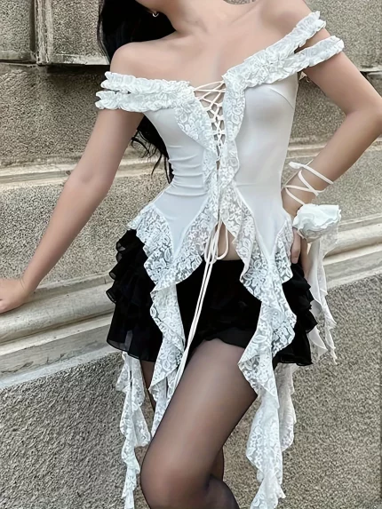 Women's Off-Shoulder Lace Trim Crop Top with Asymmetrical