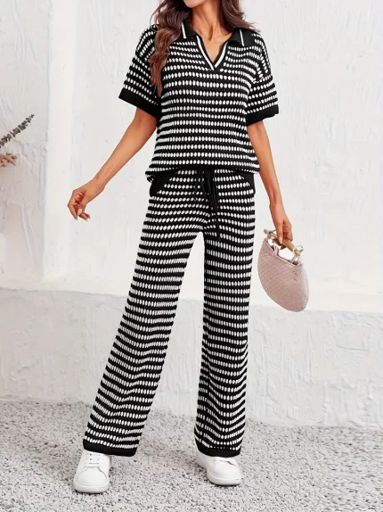Womens 2pcs Outfits Striped Short Sleeve Sweater Tops