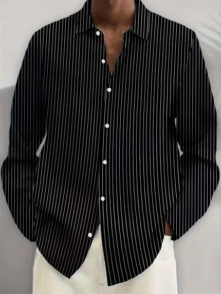 Men'S Casual Striped 3D Digital Print Plus Size Long Sleeve Shirt
