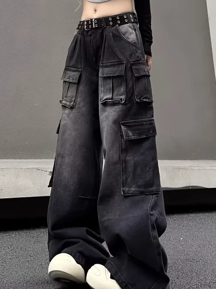 Black Wide Leg Cargo Baggy Jeans For Woman High Waisted