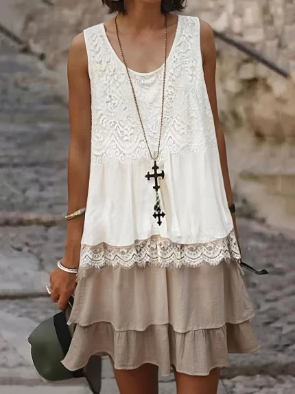 Women'S Bohemian Lace Detail Layered Dress Sleeveless Round Neck