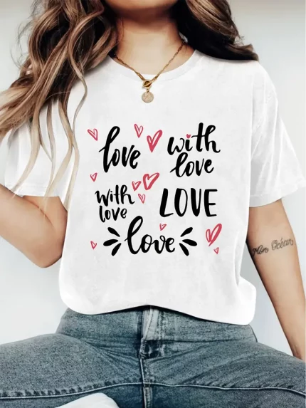 Crew Neck T-Shirt - Fashionable Womens Heart Print T-Shirt