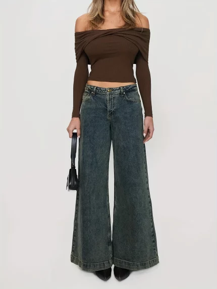 Women'S Wide Leg Jeans - Casual Cotton Blend, Solid Color, Slight Stretch