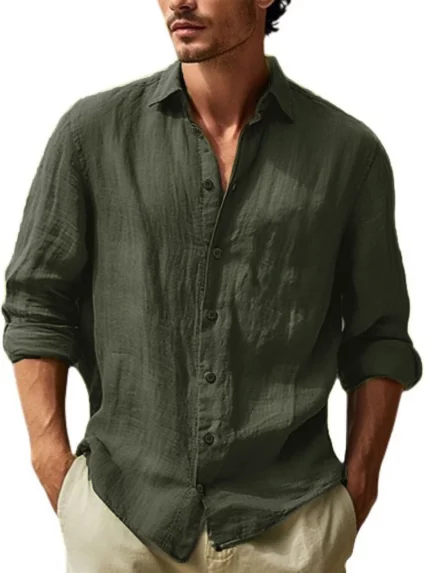 American Men'S Solid Color Point Collar Long Sleeve Shirt
