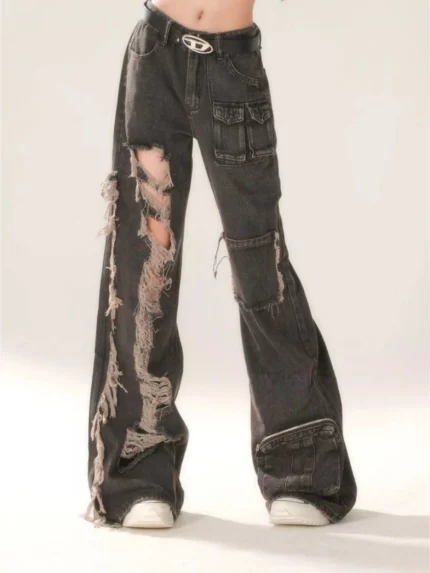 Women'S High-Waisted Wide Leg Jeans - Vintage Ripped & Fringed Denim