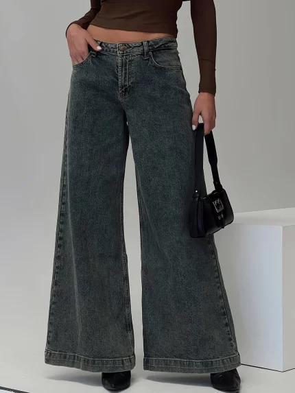 1pc Women'S Casual Wide Leg Jeans - Cotton Blend, Slight Stretch