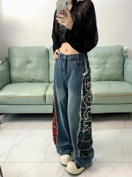 New Women'S Jeans Featuring a Retro Plaid Design with a Spliced Letter Detail