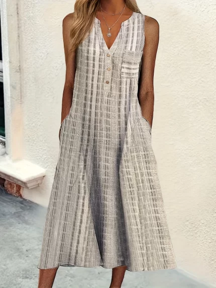 Women's Casual V-Neck Sleeveless A-Line Dress with Pockets