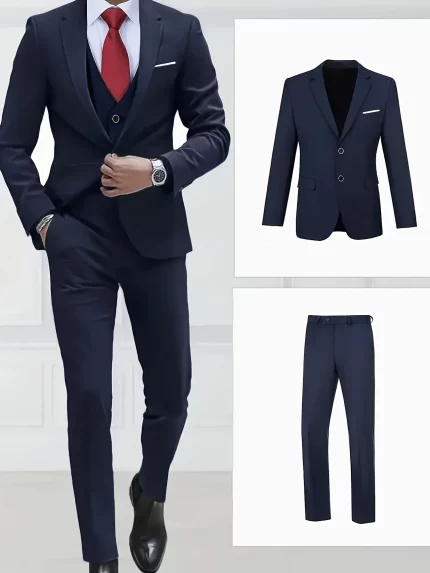 3pcs Men'S Classic Black Suit Set - Long Sleeve Blazer, Vest & Pants with Pockets, Button Details