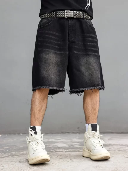 Men's Casual Loose-Fit Straight-Leg Denim Shorts with Cat Bearded Horse