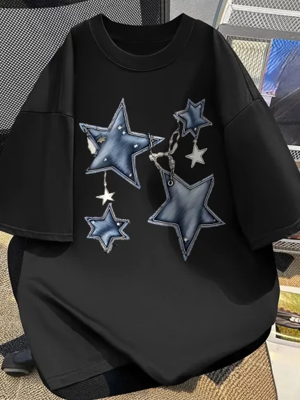 SLOY Women's Casual Geometric Star Print Longline T-Shirt - Black with Blue Stars