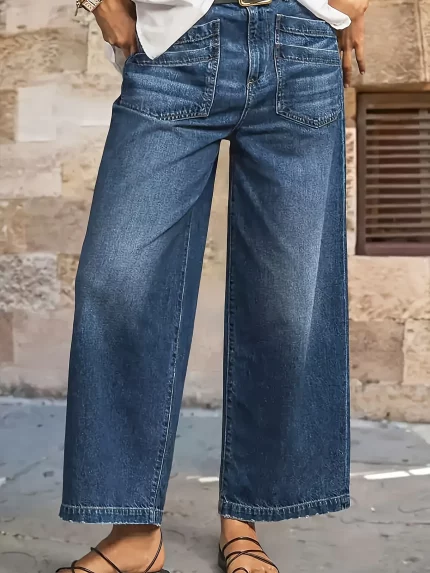 Women'S Casual Straight Leg Jeans with Pockets - Non-Stretch Denim