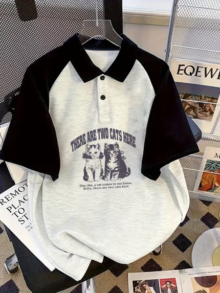 2025 Summer Vintage-Inspired Polo Shirt with Fun Cat Print - Casual