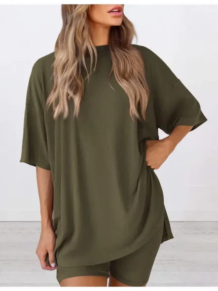 Ladies' Soft-Colored Round-Neck Loose Off-The-Shoulder Shirt- Smooth