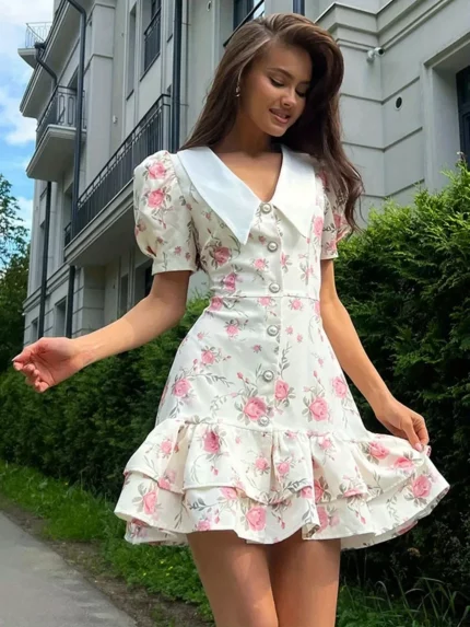 Women's Floral print A-line dress - flared puff sleeves & ruffle hem