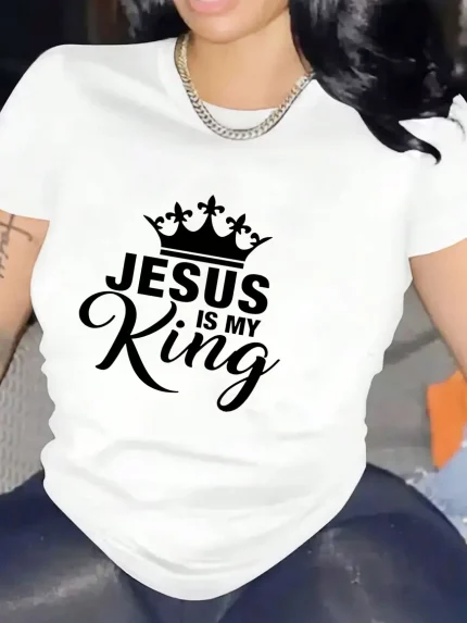 Women's Christian Graphic T-Shirt - Breathable Quick-Dry Loose Fit Tee with "Jesus is My King" Crown