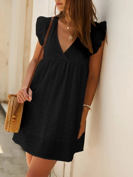 Women's Elegant Sexy Deep V-Neck Lace Sleeveless Fitted Mini Dress - Solid Black