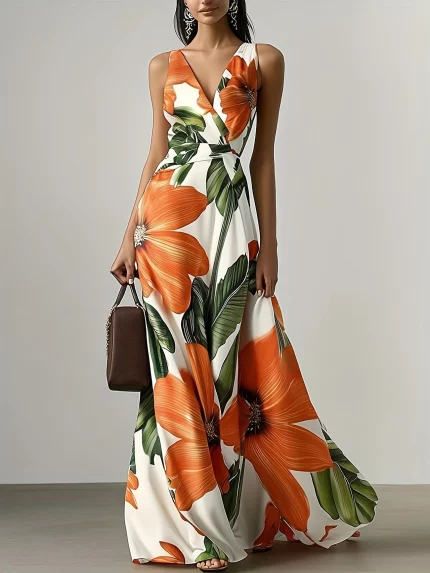 Women'S 2025 Summer New Fashion V-neck Sleeveless Flower Printed Dress