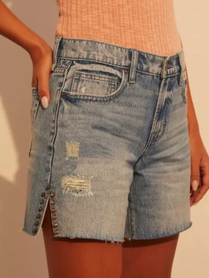 Women'S High-Waisted Denim Shorts - Vintage A-Line Cut with Distressed