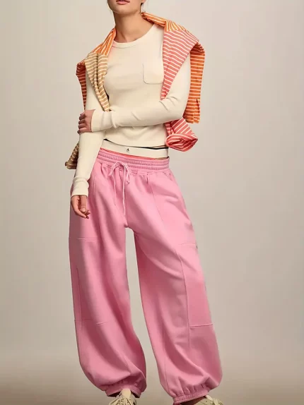 1pc Women'S Casual Polyester Jogger Pants - Solid Color Drawstring