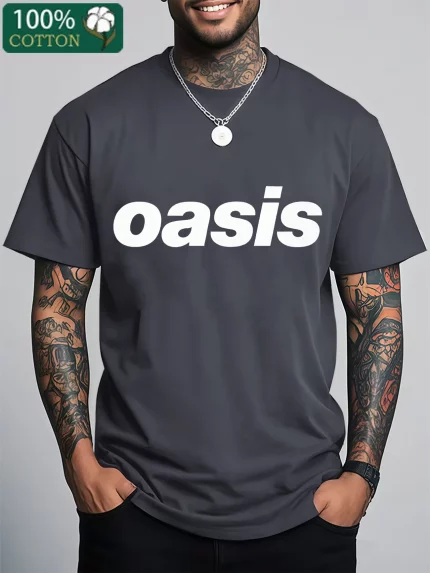 Plus size breathable sports Tshirt with a Oasis band logo printed on it