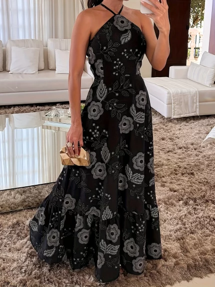 10750 Women'S Off-Shoulder Elegant Print Dress with Tie Neck