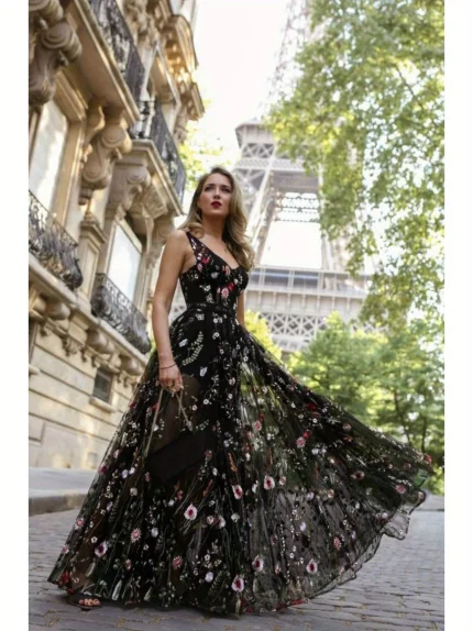 Sexy Deep V Backless Sleeveless Red Floral Embroidery Slim Fit A-Line Prom