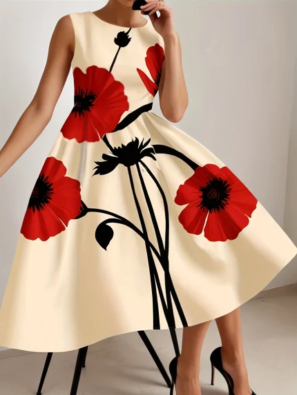 Print Sleeveless A-Line Dress for Women - Crew Neck, Stretch Polyester Blend