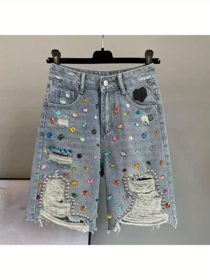 Stylish Distressed Denim Shorts with Colorful Rhinestones, Silvery