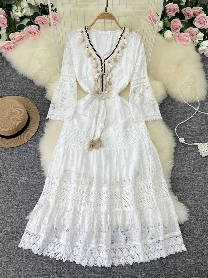 New Fashion Retro V Neck Hollow Maxi Dress