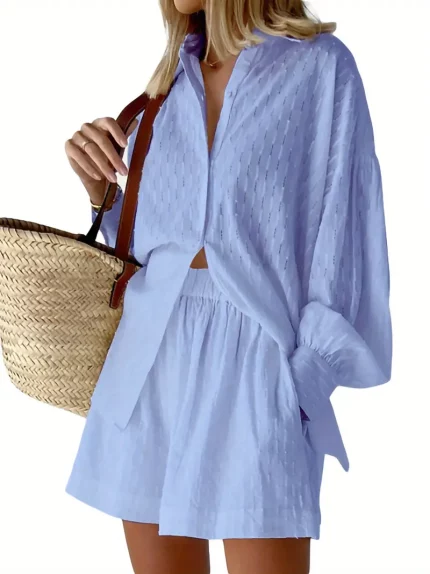 2pcs Women'S Polyester Vacation Outfit Set, Crew Neck Long Sleeve
