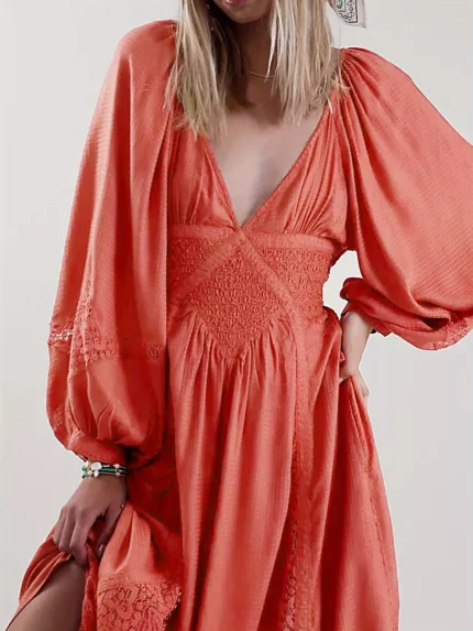 Elegant Women's White Lace Patchwork Maxi Dress - V-Neck, Long Sleeve