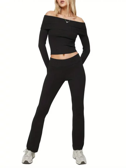 Ladies' Matching Outfit Set Featuring Off-Shoulder Long-Sleeve Crop Tops