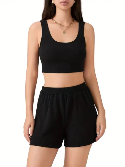 1set Women'S Casual Summer Knit Vest and Shorts Set, Solid Color Polyester