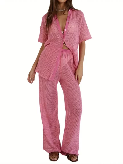 Women'S Summer 2pcs Clothes Outfits Solid Color Hollow-Out Turn- Collar