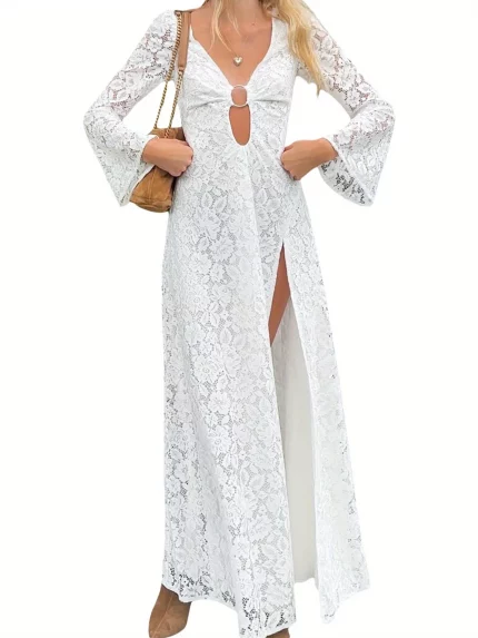 Women'S High Split Long Dress, Long Sleeve