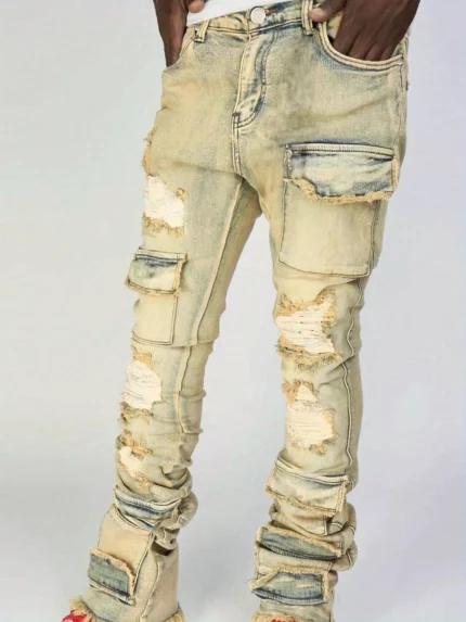 Men's Distressed Skinny Cargo Jeans - Ripped Denim Pants with Pockets