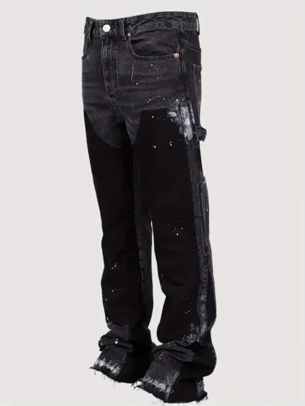 Men Micro Flare Jeans Fashion Ink-Splatter Patchwork Denim Pants Spring