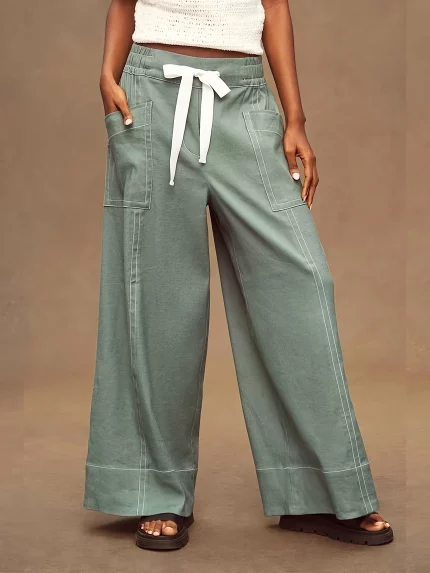 Women's Elegant Solid Color Wide Leg Pants - Adjustable Drawstring Waist