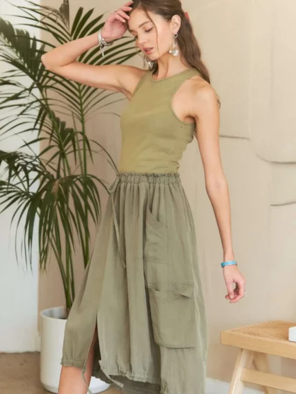 omens Casual Military Utility Chic Drawstring Waist Cargo Pocket Split