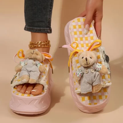 Women'S Casual Teddy Bear Print Slides, Comfortable High Heel