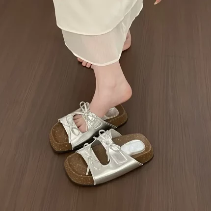 Women'S French Vintage Platform Sandals with Bow Detail - Slip-On Open-Toe