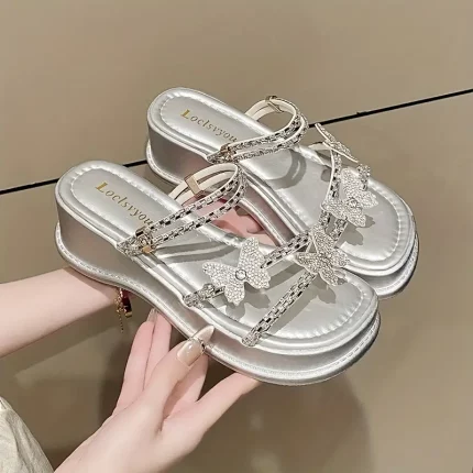Women's Butterfly Rhinestone Sandals - Stylish Thick Sole Slippers