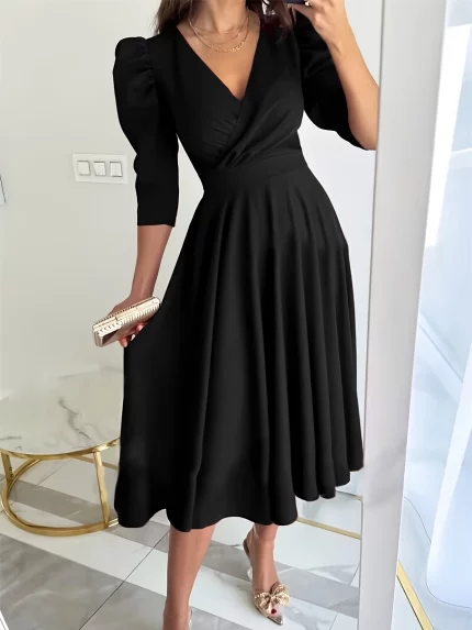 Women Casual Midi Semi Formal Fit And Flare 3/4 Sleeve A-line Dress for Church
