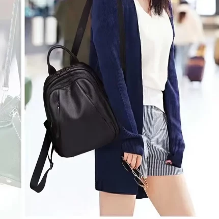 Stylish Black Genuine Leather Backpack for Women - Large Capacity